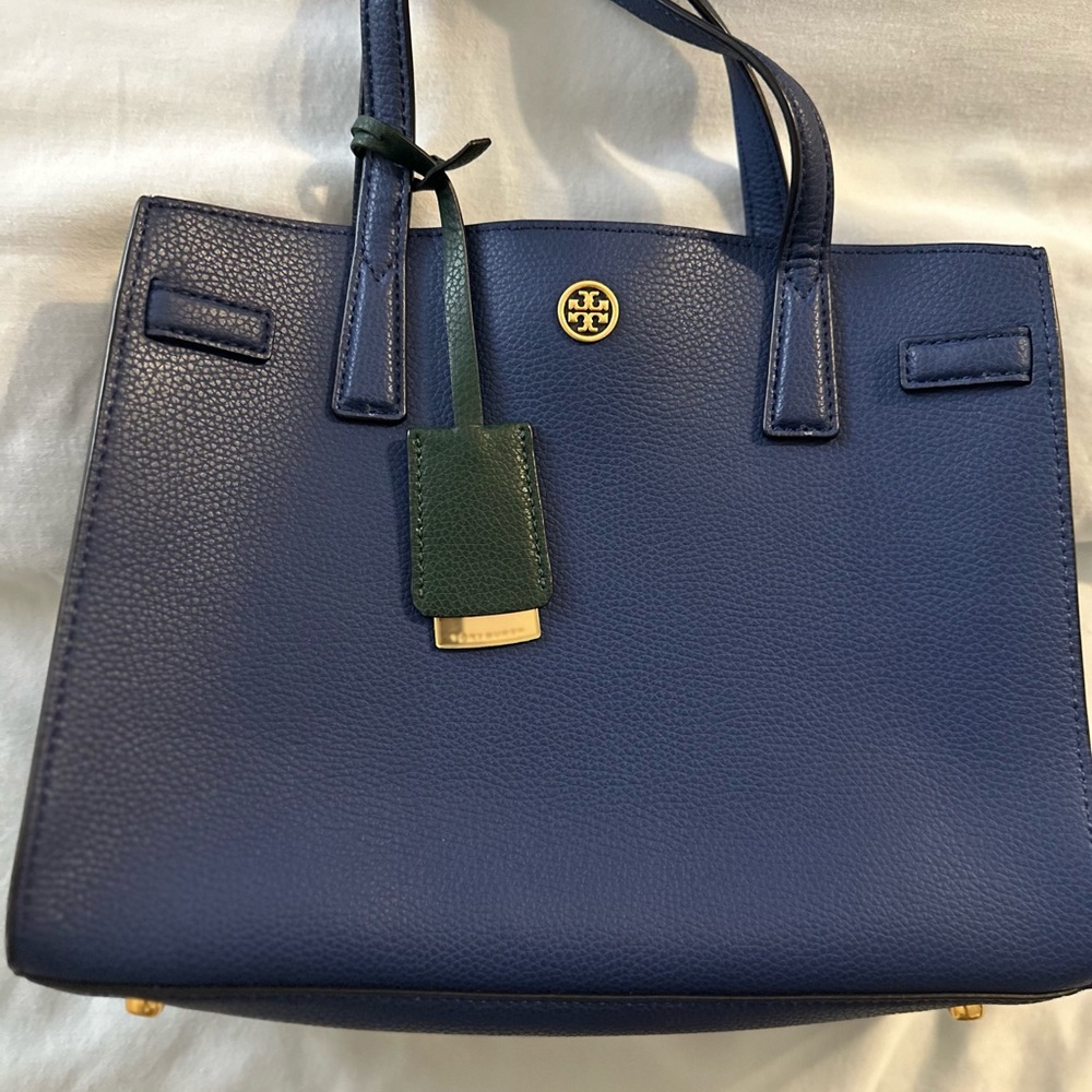 Tory Burch Navy and Green Leather Tote